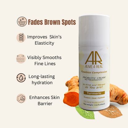 Skincare cream bottle with ingredients and benefits on a white background