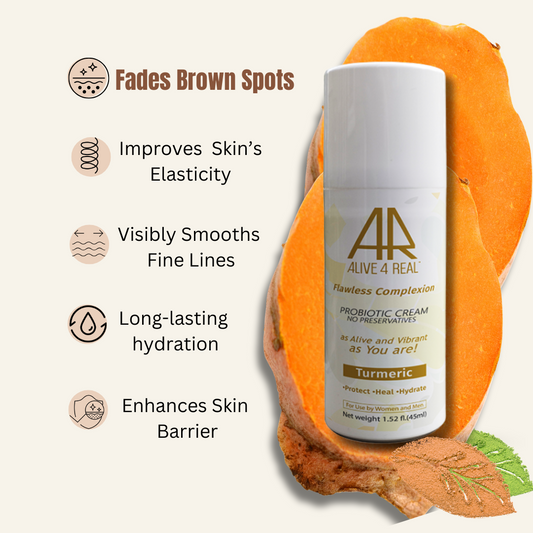 Skincare cream bottle with benefits listed on a textured background
