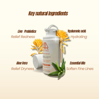 Cosmetic cream bottle with natural ingredients text on a beige background