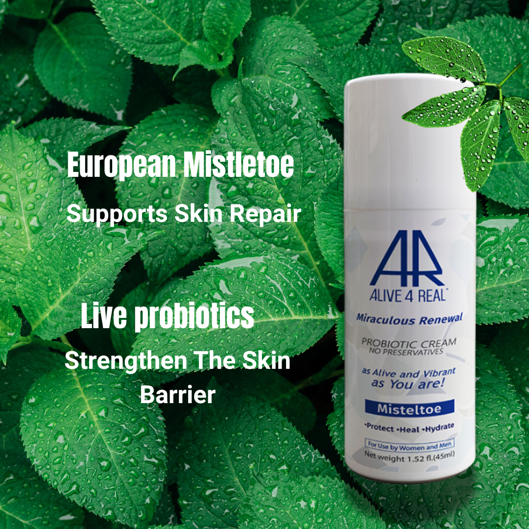 Skincare product with text about European Mistletoe and live probiotics on a green leaf background