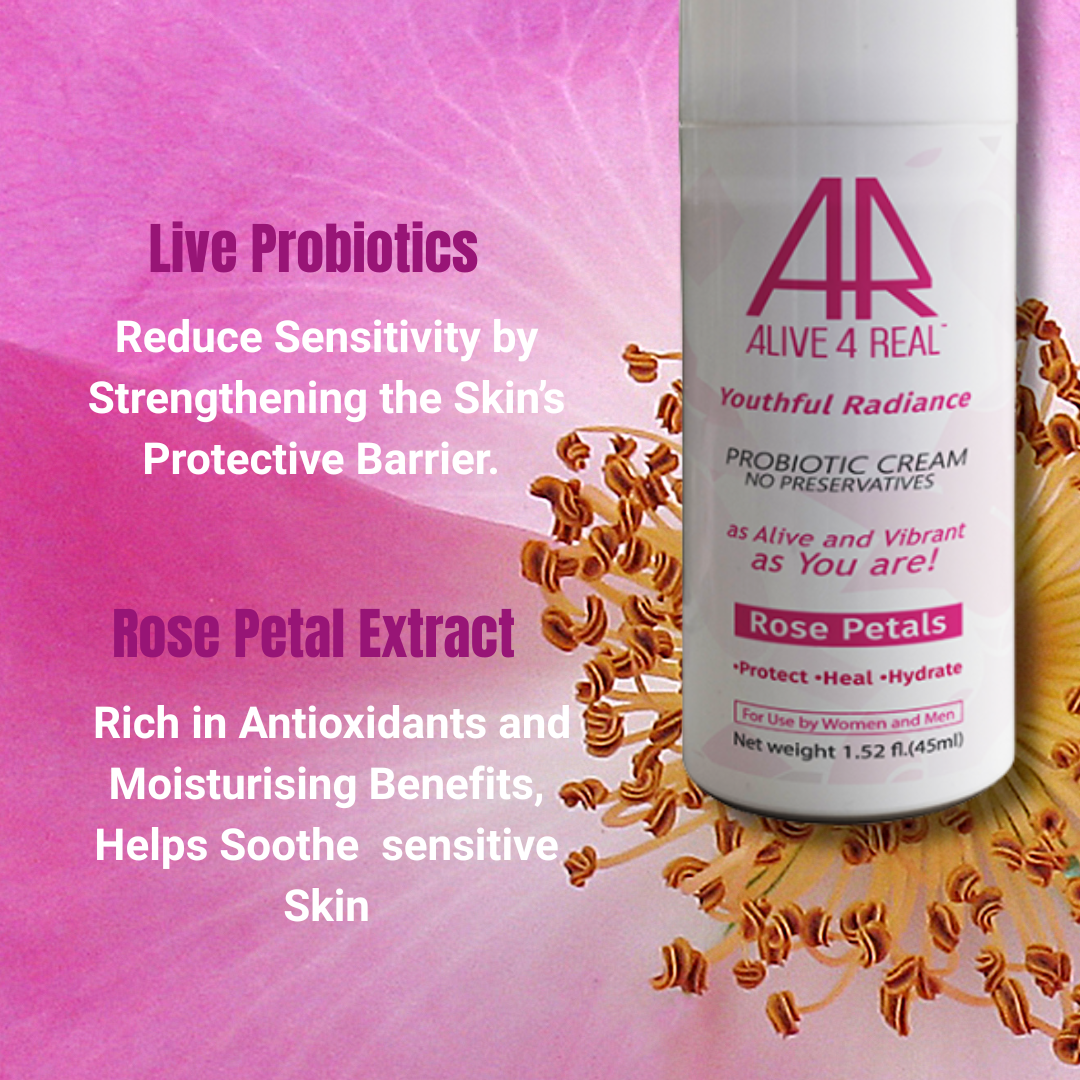Alive 4 Real probiotic cream bottle with text about live probiotics and rose petal extract on a pink background.