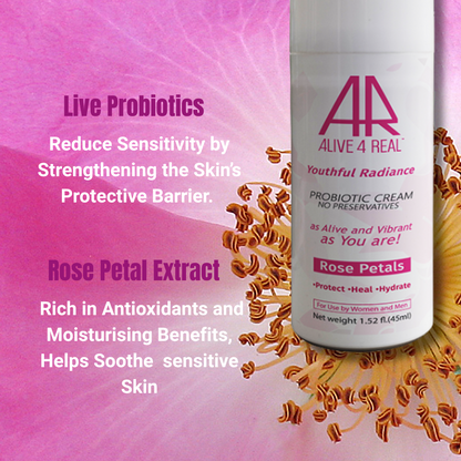 Alive 4 Real probiotic cream bottle with text about live probiotics and rose petal extract on a pink background.