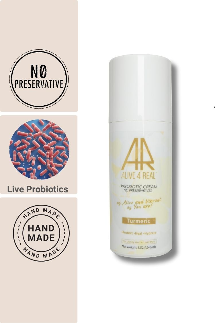 Alive4real probiotic moisturiser with lactobacillus probiotic strain and turmeric extract .Made-to-order without preservatives .Enhances skin barrier function, healing benefits.